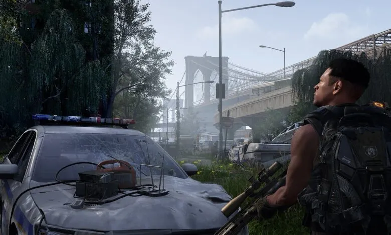 Man with rifle stands in overgrown city, Brooklyn Bridge in background.