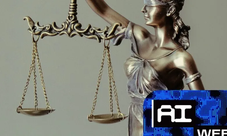 Statue of Lady Justice with scales, next to AI Week logo.