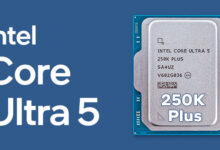 Intel Core Ultra 5 250K Plus CPU on a blue background.