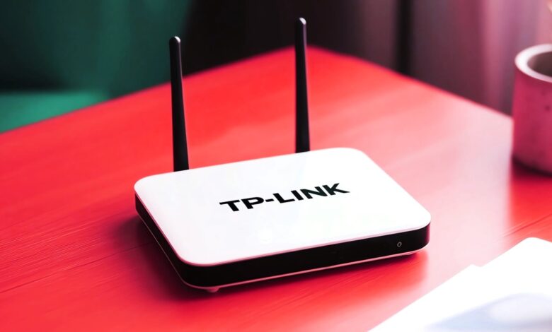 TP-Link router on a red surface with two antennas.