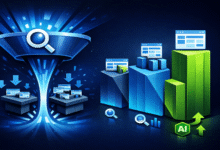 Funnel with magnifying glass filters data into smaller website icons, leading to green growth charts.