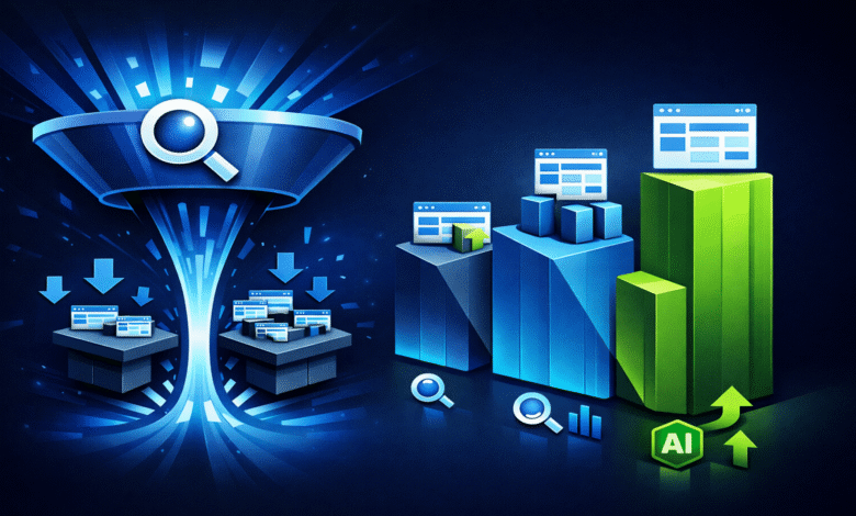 Funnel with magnifying glass filters data into smaller website icons, leading to green growth charts.