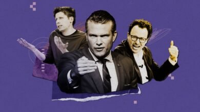 Three men in a collage style image against a purple background.