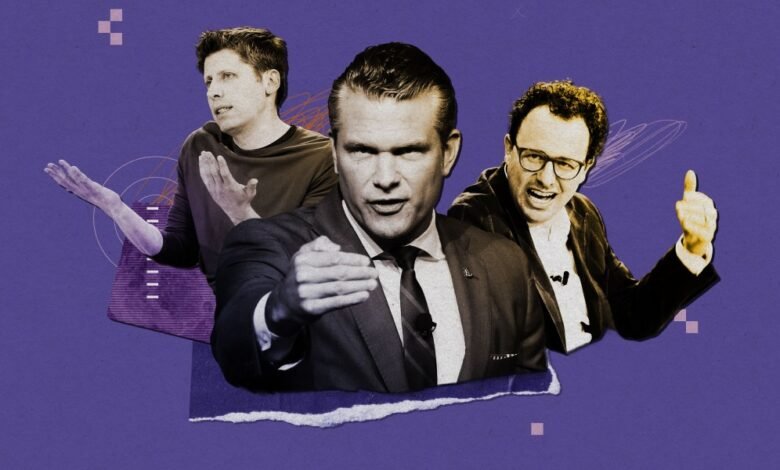 Three men in a collage style image against a purple background.