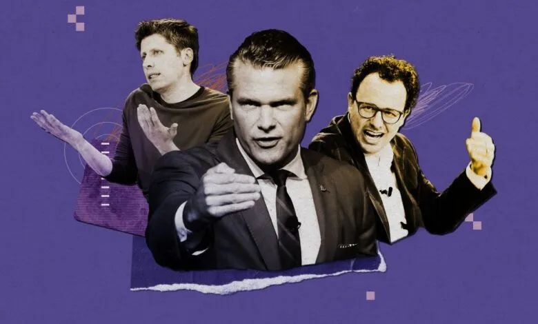 Three men in a collage style image against a purple background.