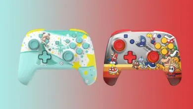 Two Nintendo Switch controllers with custom Mario-themed designs.