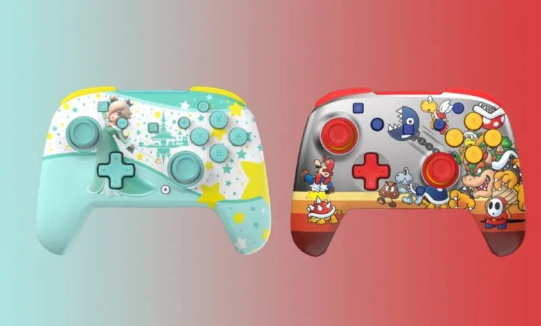 Two Nintendo Switch controllers with custom Mario-themed designs.