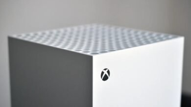 Close-up of a white Xbox Series S console with the Xbox logo.