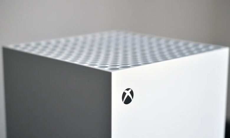 Close-up of a white Xbox Series S console with the Xbox logo.