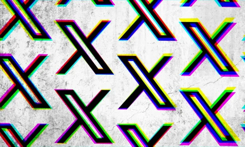 Pattern of stylized 'X' shapes on a textured gray background with RGB color separation.