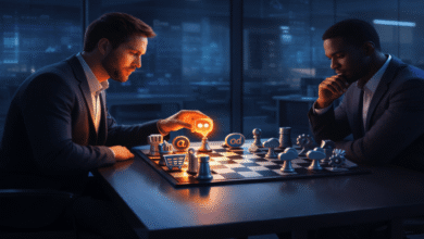 Two marketers strategize with chess pieces resembling marketing icons.