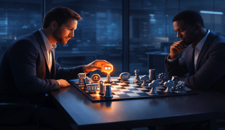 Two marketers strategize with chess pieces resembling marketing icons.
