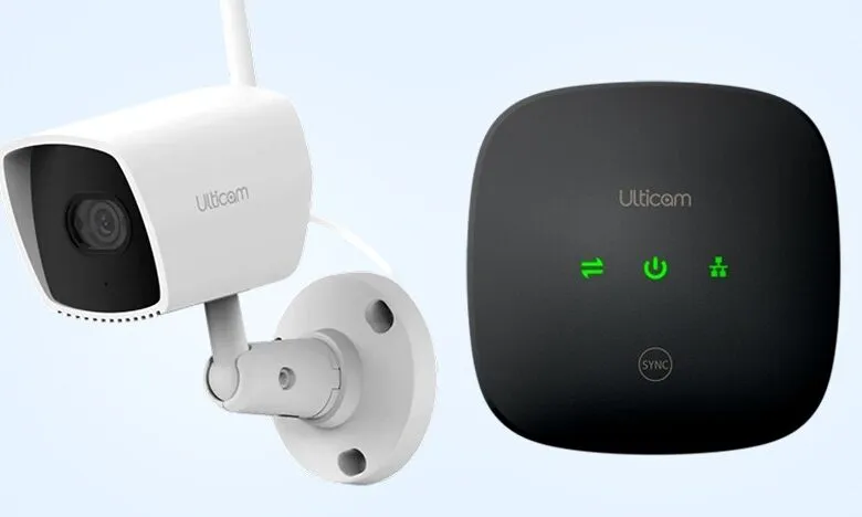 Ulticam security camera and base station on a light blue background.