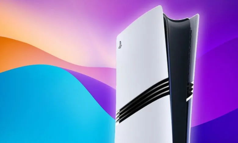 PlayStation 5 console against a colorful abstract background.