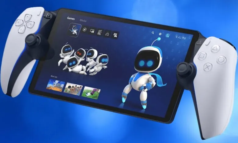PlayStation Portal handheld gaming device with Astro Bot on screen.