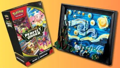 Pokemon cards and Lego Starry Night art set against a gradient background.