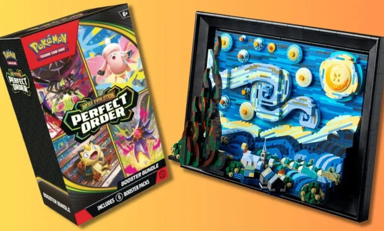 Pokemon cards and Lego Starry Night art set against a gradient background.
