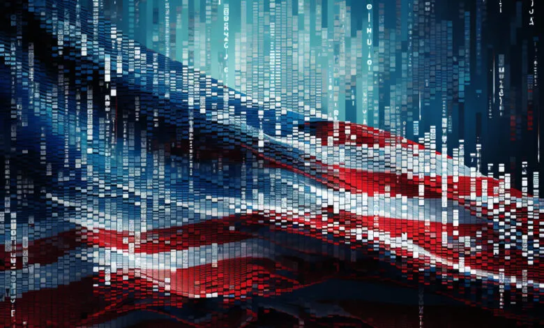 Abstract American flag made of digital blocks with falling code overlay.