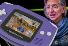 Purple Game Boy Advance with rally game and older woman.