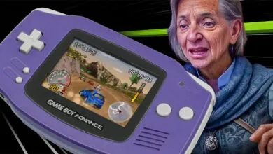 Purple Game Boy Advance with rally game and older woman.