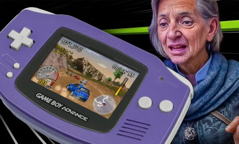 Purple Game Boy Advance with rally game and older woman.