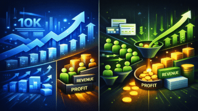 Visual comparison of vanity metrics vs. revenue generation with charts and symbols.