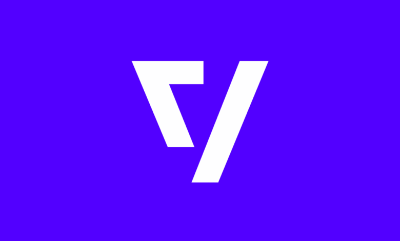 White abstract logo on a vibrant purple background.