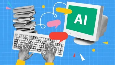 Retro computer with 'AI' on screen, keyboard, books, and speech bubbles.