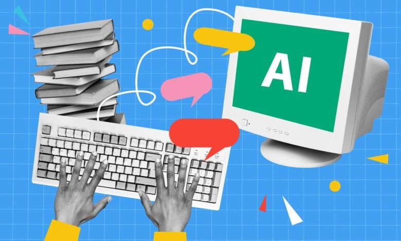 Retro computer with 'AI' on screen, keyboard, books, and speech bubbles.