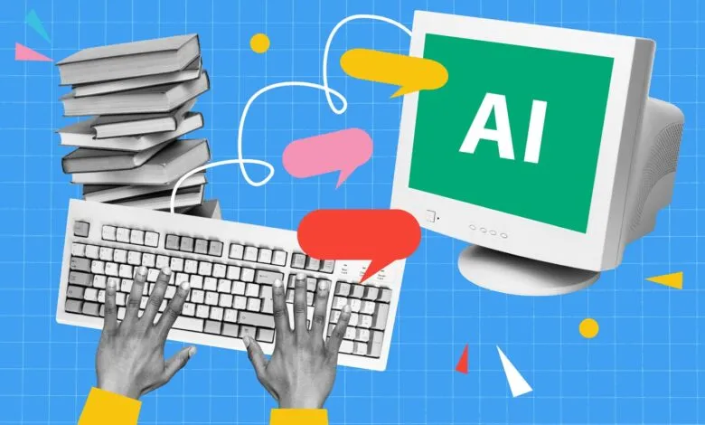 Retro computer with 'AI' on screen, keyboard, books, and speech bubbles.