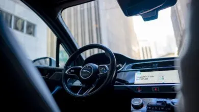 Interior view of a Waymo Jaguar I-PACE autonomous vehicle.