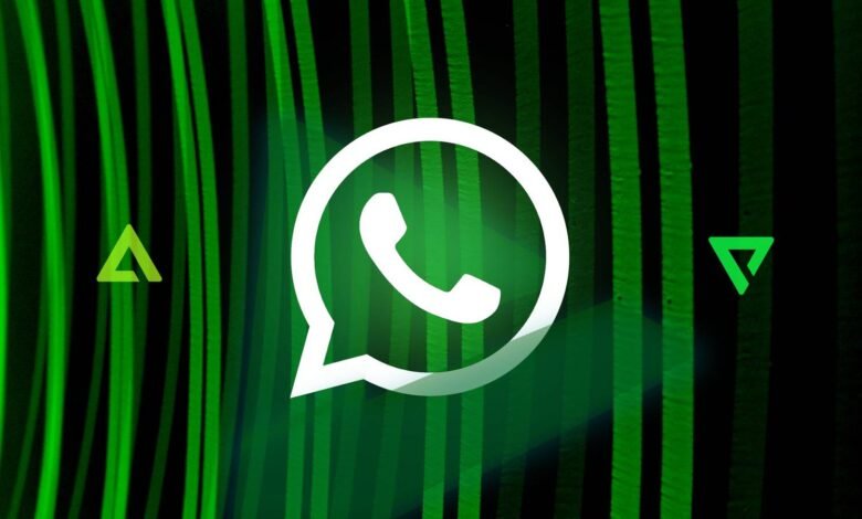 WhatsApp logo on green and black abstract background.