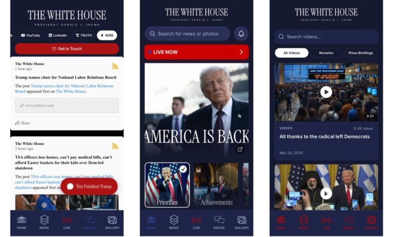 Screenshots of the White House mobile app featuring news, live streams, and social media content.
