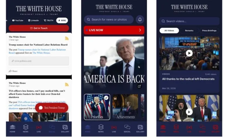 Screenshots of the White House mobile app featuring news, live streams, and social media content.