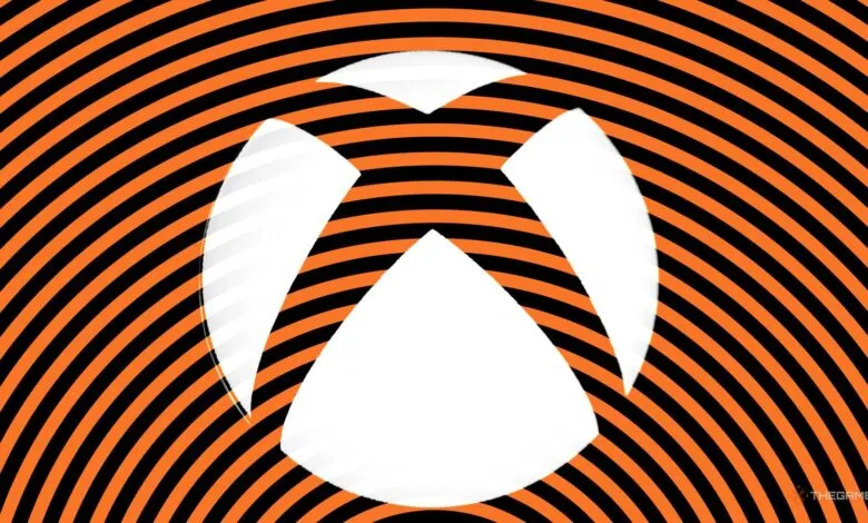 Xbox logo in white against orange and black striped background.