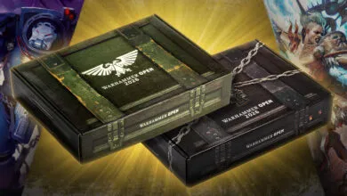 Two Warhammer Open 2026 boxes, green and black, stacked on a golden background.