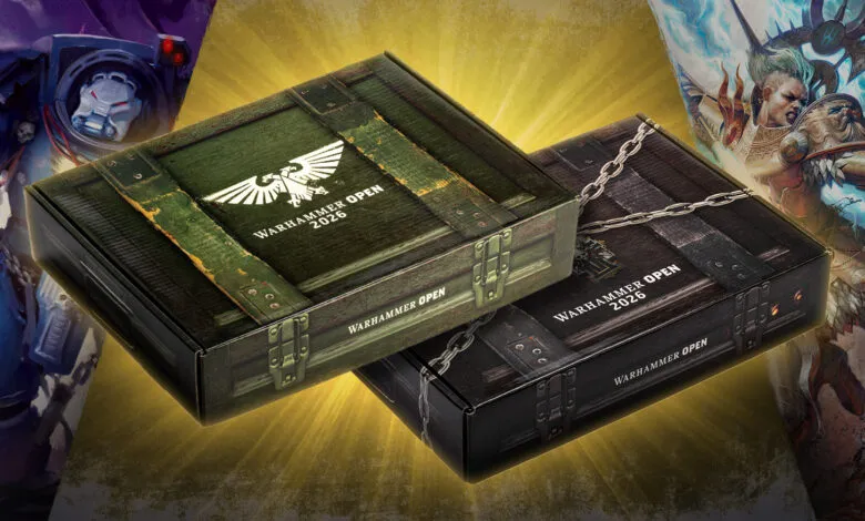 Two Warhammer Open 2026 boxes, green and black, stacked on a golden background.