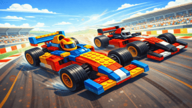 Two colorful toy race cars made of building blocks speed around a track.