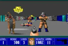 Wolfenstein 3D game screenshot showing gameplay with enemies and HUD elements.