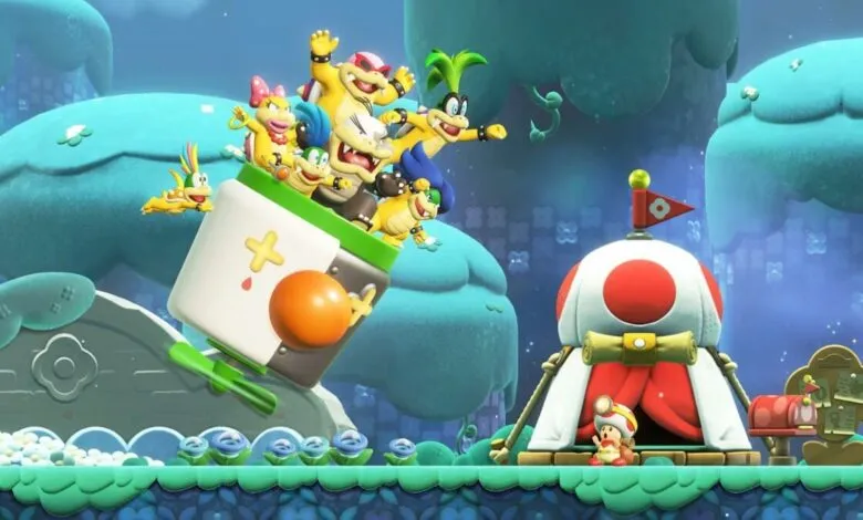 The Koopalings ride a white container in Super Mario Wonder.