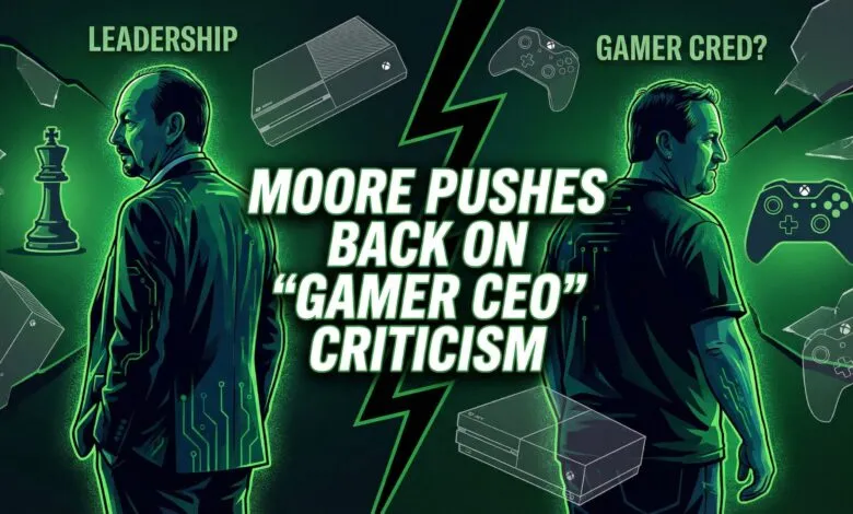 Peter Moore graphic addressing 'gamer CEO' criticism with Xbox imagery.