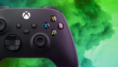Close-up of a black Xbox controller against a green smoke background.