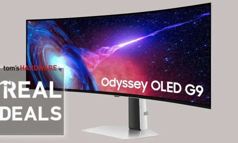 Samsung Odyssey OLED G9 curved monitor with space background.