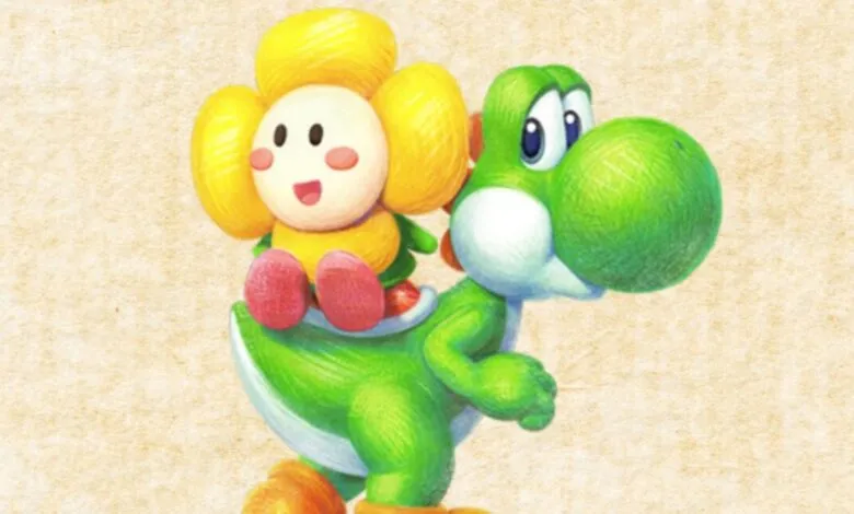 Yoshi carries a flower character on his back, crayon style.