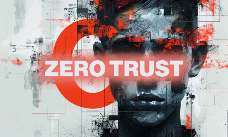 Abstract digital art with a face and the words 'Zero Trust' in white.