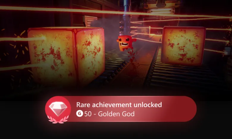 Super Meat Boy character running between deadly cubes, achievement unlocked.