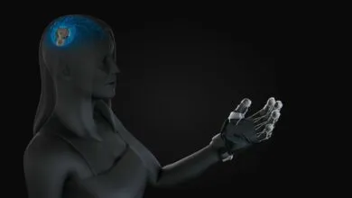 Cyborg woman with brain implant and robotic hand against a black background.