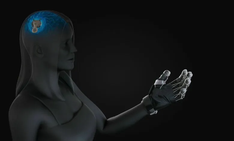 Cyborg woman with brain implant and robotic hand against a black background.