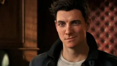 Close-up of James Bond character with dark hair and blue eyes, slight smirk.