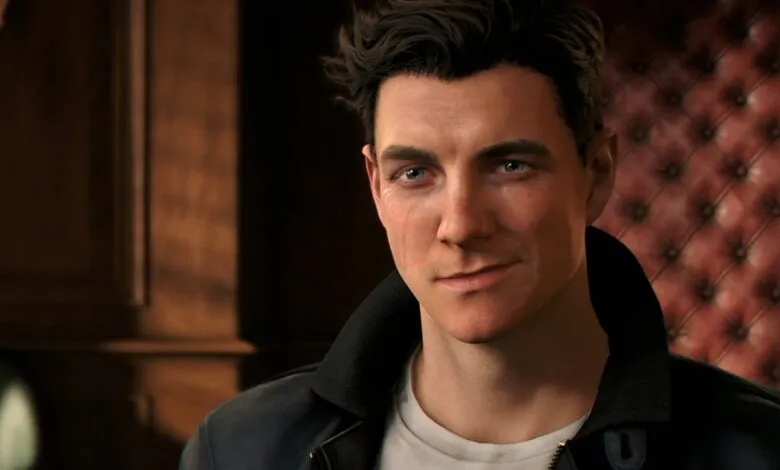 Close-up of James Bond character with dark hair and blue eyes, slight smirk.